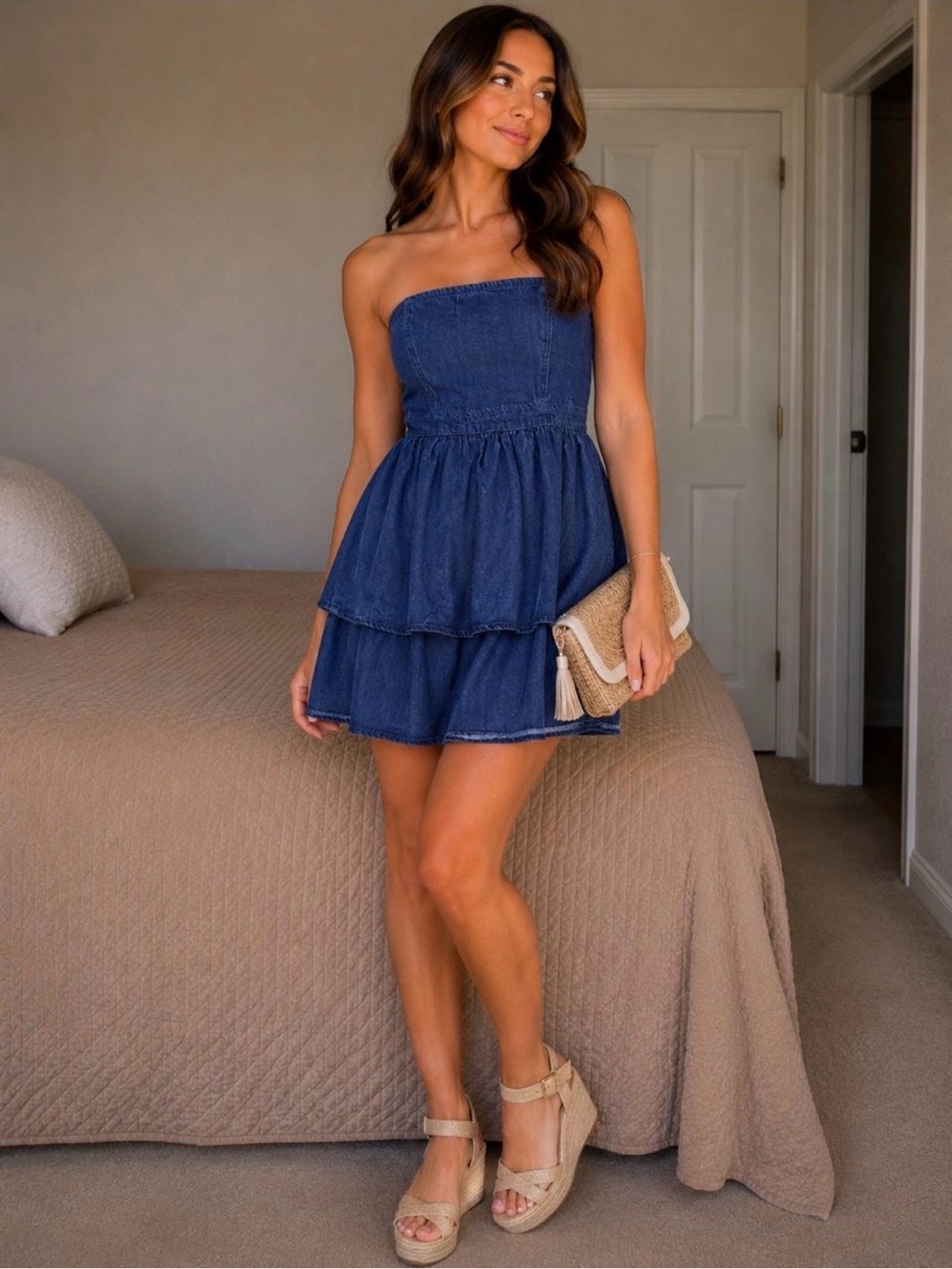 Strapless Tiered Denim Mini Dress - Navy